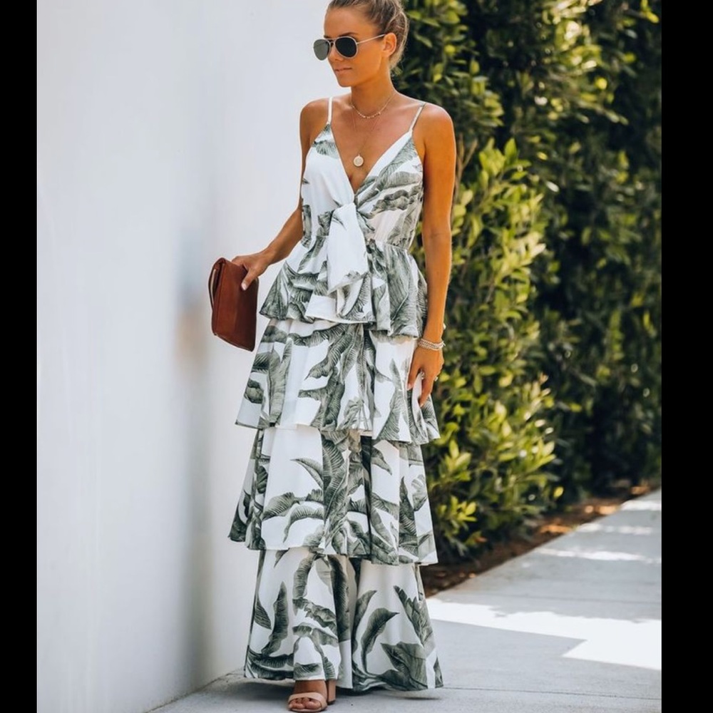 Vici Lahaina Palm Print Tiered Maxi Dress